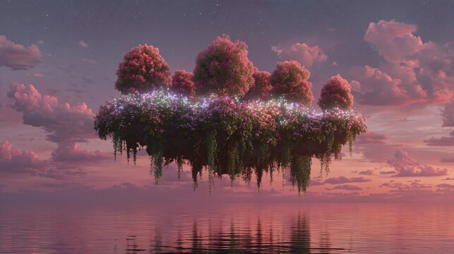 Floating island with trees and flowers in a surreal pink sunset scene - Powered by Adobe