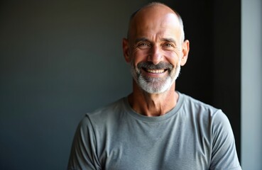 Obraz premium Mature man with grey beard and bald head smiles warmly. He wears a grey t-shirt and looks directly at the camera with friendly eyes. His expression is approachable and pleasant.