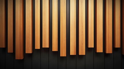 Orange wooden vertical bars of varying lengths mounted on a dark wall creating a geometric pattern with warm inviting atmosphere
