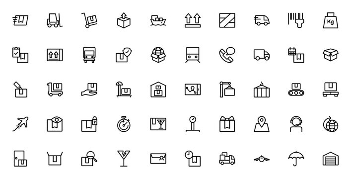 Lineal logistic_2397 icon set. Minimal vector icons ack. Includes symbols for ast delivery, truck, barcoe scan, worldwide delivery air transport, package trcking and more. Editable sroke.