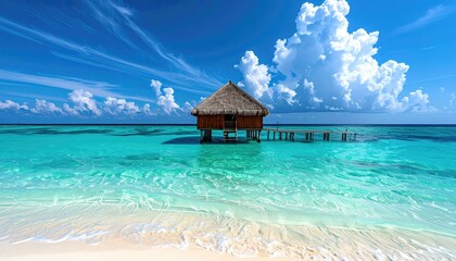 Tropical Overwater Bungalow Amidst Crystal Clear Turquoise Waters Under a Vivid Blue Sky with Fluffy White Clouds and Gentle Waves on a Sandy Beach