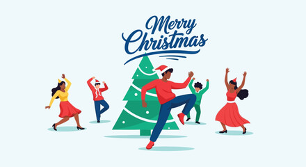 Diverse group of people joyfully dancing around a decorated christmas tree with merry christmas text