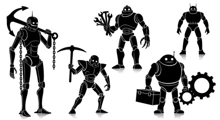 Silhouette Robots - Diverse Professions in Black and White.