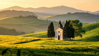 Tuscan Landscape With A Small Chapel And Cypress Trees Bathed In Golden Hour Sunlight