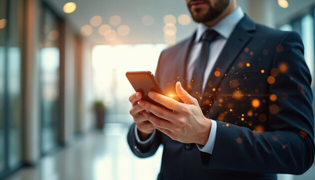 Man in suit holds smartphone with digital interface overlay. Executive uses cellular, connects with modern technology. Holographic network connects business person to online data. Manager interacts
