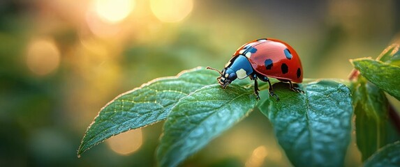 Close-up of a vibrant red ladybug with black spots crawling on a fresh green leaf with soft warm sunlight in the background