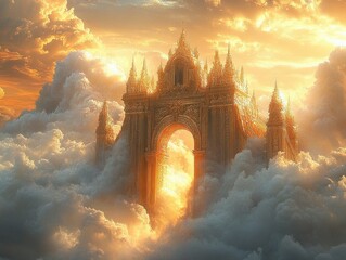 Majestic golden temple gate emerging through fluffy clouds with radiant sunlight casting a heavenly glow and creating a mystical atmosphere