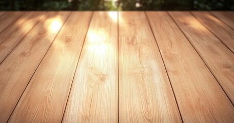 Shining clean wooden surface under soft sunlight with blurred green background creating a warm and peaceful atmosphere