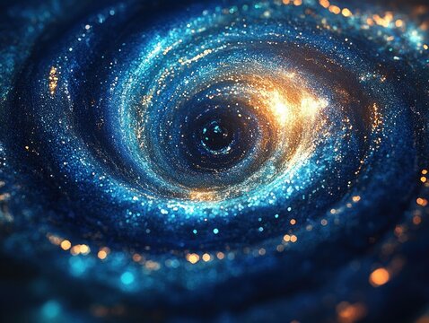 Bright swirling vortex of glowing blue and golden particles resembling a cosmic or galactic spiral with sparkling lights in deep space