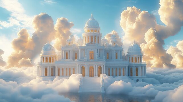 Majestic white palace with domes and columns floating above soft clouds under a bright blue sky emitting a serene and dreamlike atmosphere