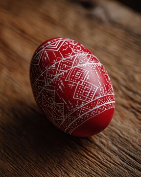 Vibrant red pisanka egg  traditional easter decor flat lay
