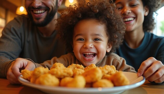 Happy multiracial family shares plate of golden chicken nuggets at home or restaurant. Little child laughs joyfully while parents watch eating meal. Fun family time, casual dining.