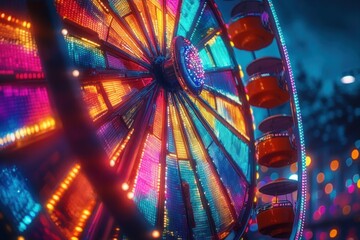 Close-up of a brightly illuminated colorful ferris wheel at night with glowing orange passenger cabins and vibrant light reflections creating a festive atmosphere