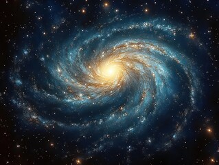 Spiral galaxy glowing brightly at its core with swirling arms filled with stars and cosmic dust against the dark expanse of space, evoking wonder and vastness