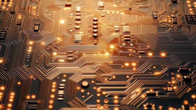 Close-up view of an illuminated electronic circuit board with glowing orange pathways and intricate components, representing high technology and connectivity