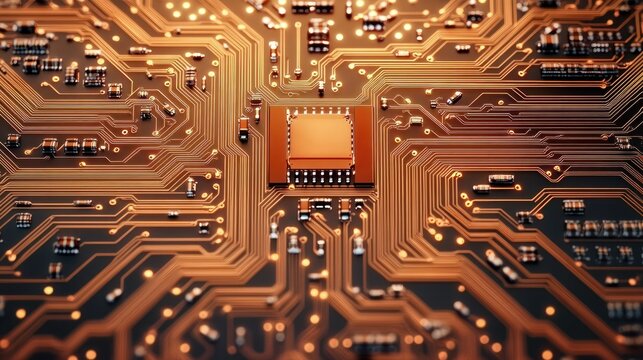 Close-up view of a glowing copper-colored microchip and intricate circuit board patterns emitting a warm light, symbolizing advanced electronics and connectivity - Powered by Adobe