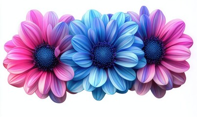 Close-up of three vibrant flowers with detailed petals in shades of pink and blue on a white background, evoking a sense of freshness and beauty
