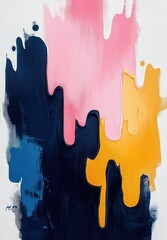 Abstract painting with flowing thick streaks of pink, navy blue, mustard yellow, and blue on a white background, creating a dynamic and fluid texture