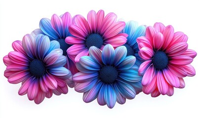 Close-up of vibrant flowers with gradient petals in shades of pink, purple, and blue arranged in a cluster on a white background