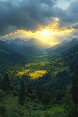 Sunlight breaking through dark clouds over a lush green valley surrounded by towering mountains creating a dramatic and serene atmosphere
