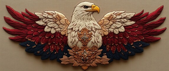 Detailed embroidery of a majestic eagle with outstretched wings featuring intricate floral patterns and rich colors in red, cream, beige, and navy blue threads
