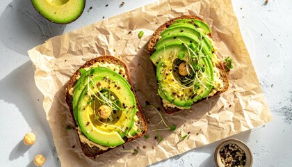 Two Slices Of Whole Grain Bread Topped With Creamy Hummus Sliced Avocado Sprouts And Chickpeas Served On Crumpled Brown Paper With White Background And Natural Lighting