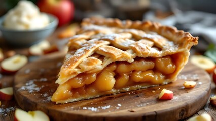 A delicious slice of homemade apple pie with a lattice crust, dusted with sugar, served on a rustic wooden board.