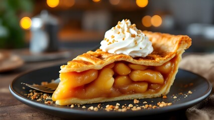 A delicious slice of classic apple pie with a lattice crust, topped with a dollop of whipped cream and crumb garnish.