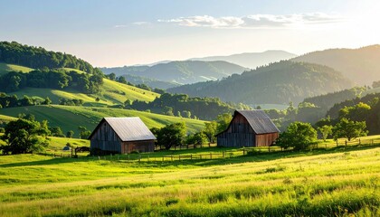 Two Rustic Wooden Barns in a Lush Green Rolling Meadow Bathed in Golden Hour Sunlight Creating a Peaceful Rural Landscape Scene