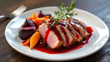 Gourmet dish of sliced duck breast with a rich berry sauce, served with roasted carrots and beets.