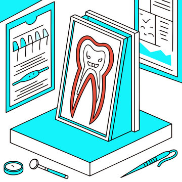 For Dentist's Day. Dental model display with tooth illustration and dental tools nearby  