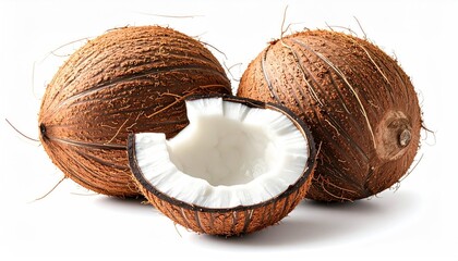 Two Whole Coconuts and One Halved Coconut Showing White Flesh on a White Background with Soft Lighting