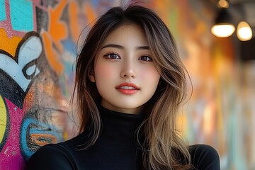 Young woman with long hair posing confidently in front of colorful graffiti wall under warm indoor lighting