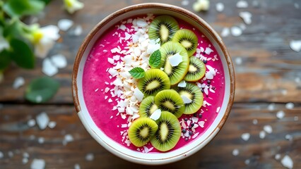 A vibrant pink smoothie bowl beautifully decorated with fresh kiwi slices, shredded coconut, and a sprig of mint.