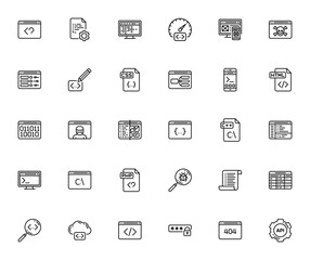Programming Line Craft_2703 icon set. Minimal line vctor icons. Includes symbos for PHP, HTML, CSS, API,UI/UX design, coding, bug earch, and more. Editable troke.