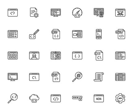 Programming Line Craft_2703 icon set. Minimal line vctor icons. Includes symbos for PHP, HTML, CSS, API,UI/UX design, coding, bug earch, and more. Editable troke.