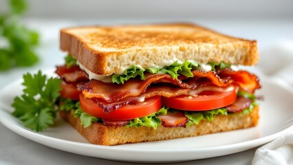 A classic BLT sandwich with crispy bacon, fresh lettuce, and ripe tomatoes on toasted bread, served on a white plate.