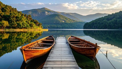 Two Wooden Boats Tied to a Pier on a Calm Lake Surrounded by Lush Green Hills Under a Bright Sky