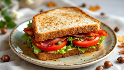A classic BLT sandwich with crispy bacon, fresh lettuce, and ripe tomato on toasted bread, served on a rustic plate.