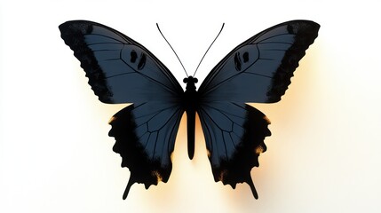 Fototapeta premium Close-up of a dark blue and black butterfly with detailed wings and a warm glowing background evoking calmness and beauty