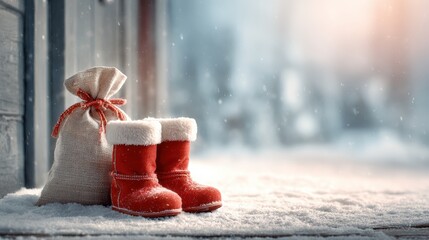 Santa boots with gift sack on snowy doorstep