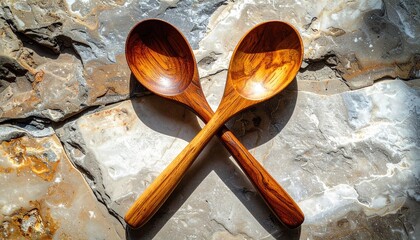 Two wooden spoons crossed on a textured stone surface with dramatic sunlight and shadow creating a rustic and natural aesthetic