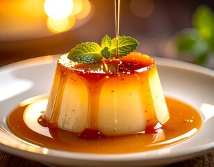 creamy flan or panna cotta drizzled with golden caramel sauce and garnished with fresh mint.