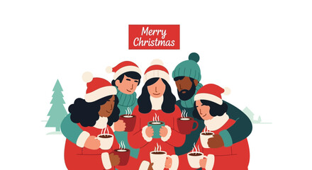 Diverse group of friends in winter hats and scarves enjoying hot drinks together with merry christmas text