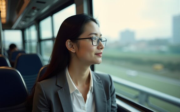 Bus commute travel Asian business woman looking out the window commuting to work banner panorama lifestyle background. High quality