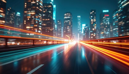 Fototapeta premium Bright city night scene with long exposure light trails on highway road. Modern urban skyline buildings shine in blur. Fast traffic shows speed, tech, future transport, urban infrastructure