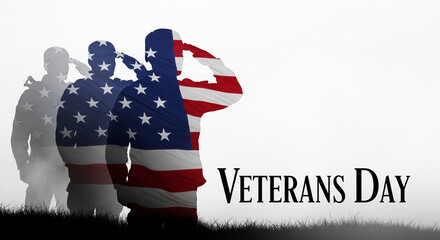 Silhouettes of three soldiers saluting with an American flag overlay, commemorating Veterans Day with text on a white background.