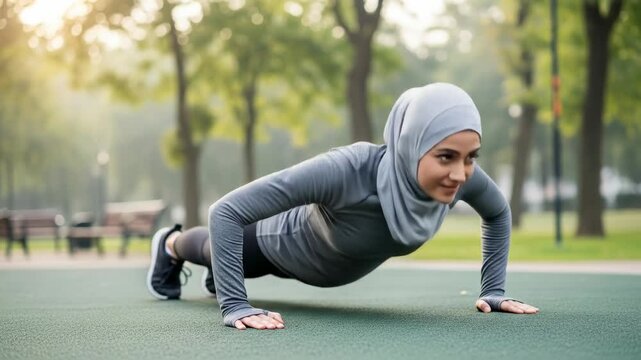 A woman in athletic wear is doing push-ups outside in a park with green trees and a grey sky