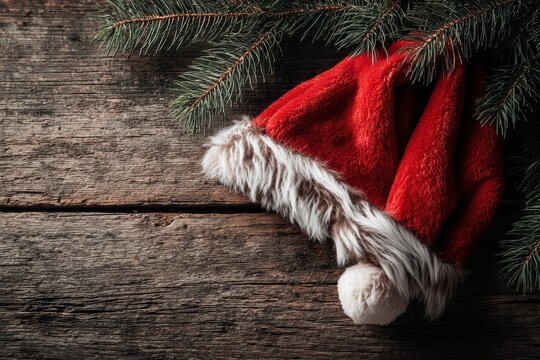 Santa hat on rustic wooden table with pine branches