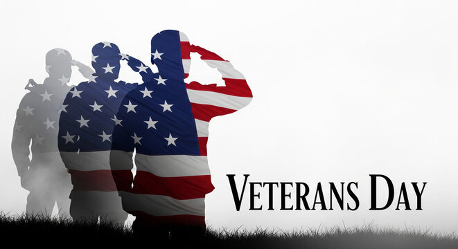Silhouettes of three soldiers saluting with an American flag overlay, commemorating Veterans Day with text on a white background. - Powered by Adobe